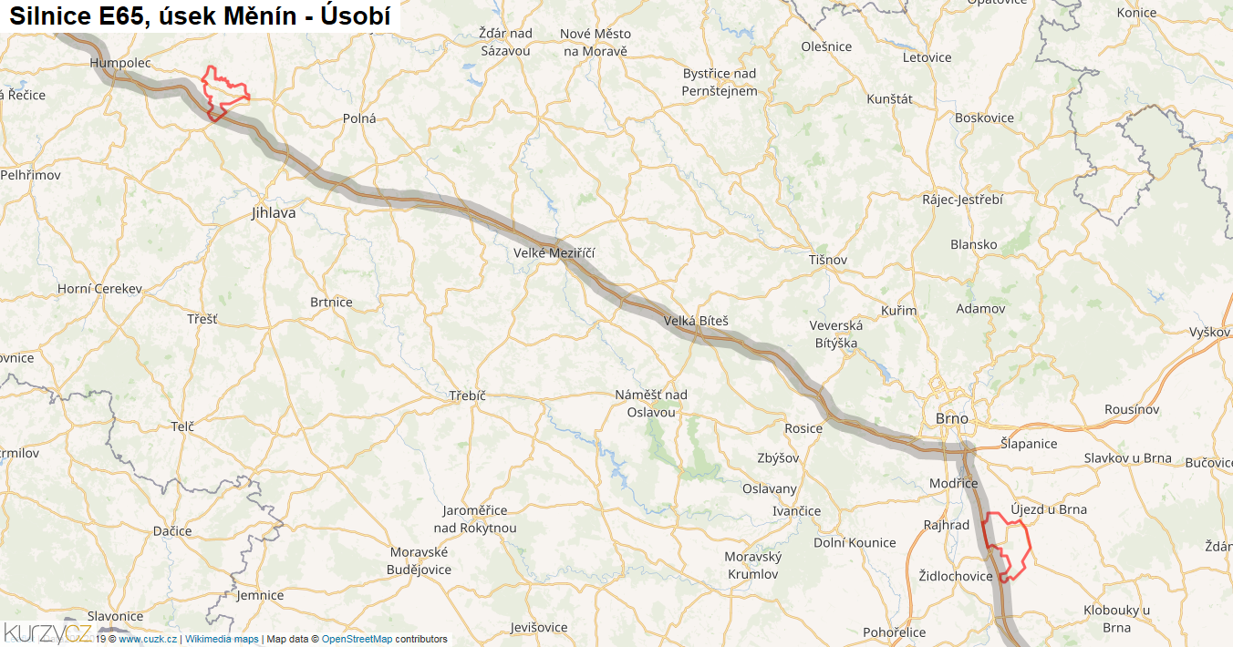Úsek Měnín - Úsobí, Silnice E65 - Mapa