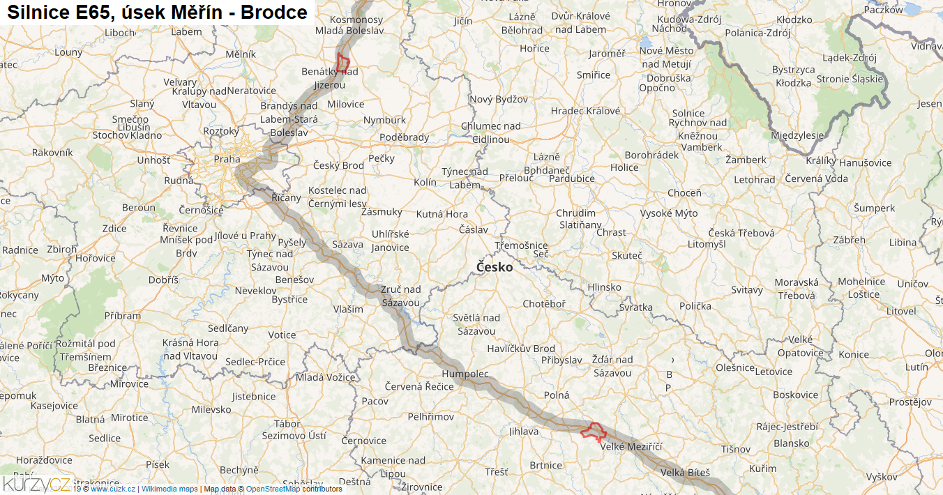 Úsek Měřín - Brodce, Silnice E65 - Mapa