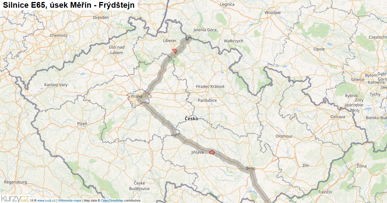 Úsek Měřín - Frýdštejn, Silnice E65 - Mapa