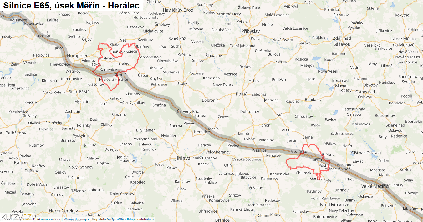 Úsek Měřín - Herálec, Silnice E65 - Mapa