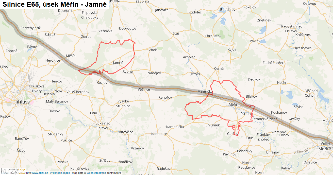 Úsek Měřín - Jamné, Silnice E65 - Mapa
