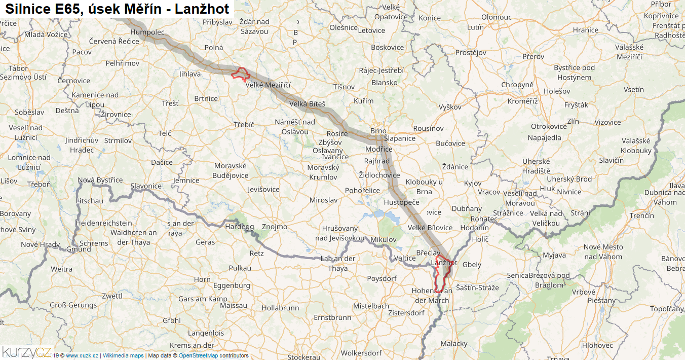 Úsek Měřín - Lanžhot, Silnice E65 - Mapa