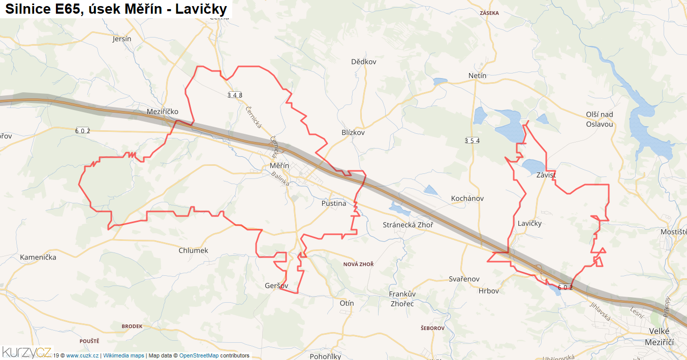 Úsek Měřín - Lavičky, Silnice E65 - Mapa