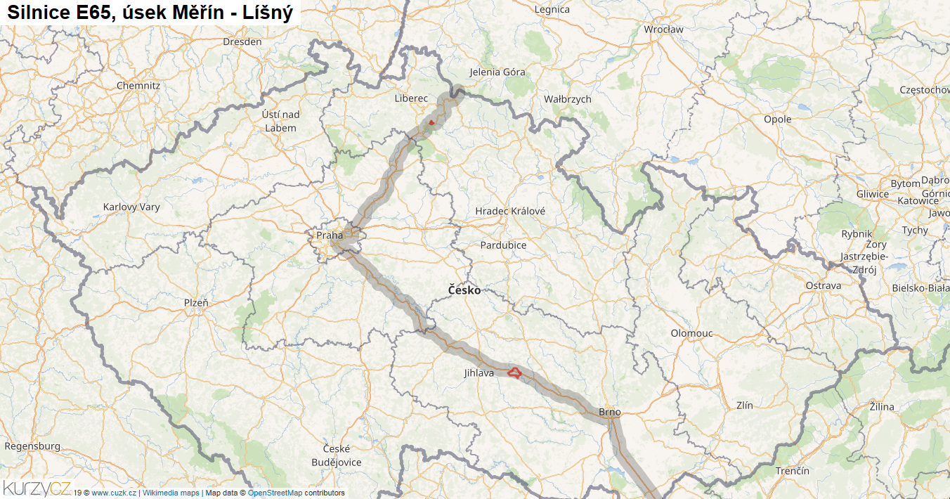 Úsek Měřín - Líšný, Silnice E65 - Mapa