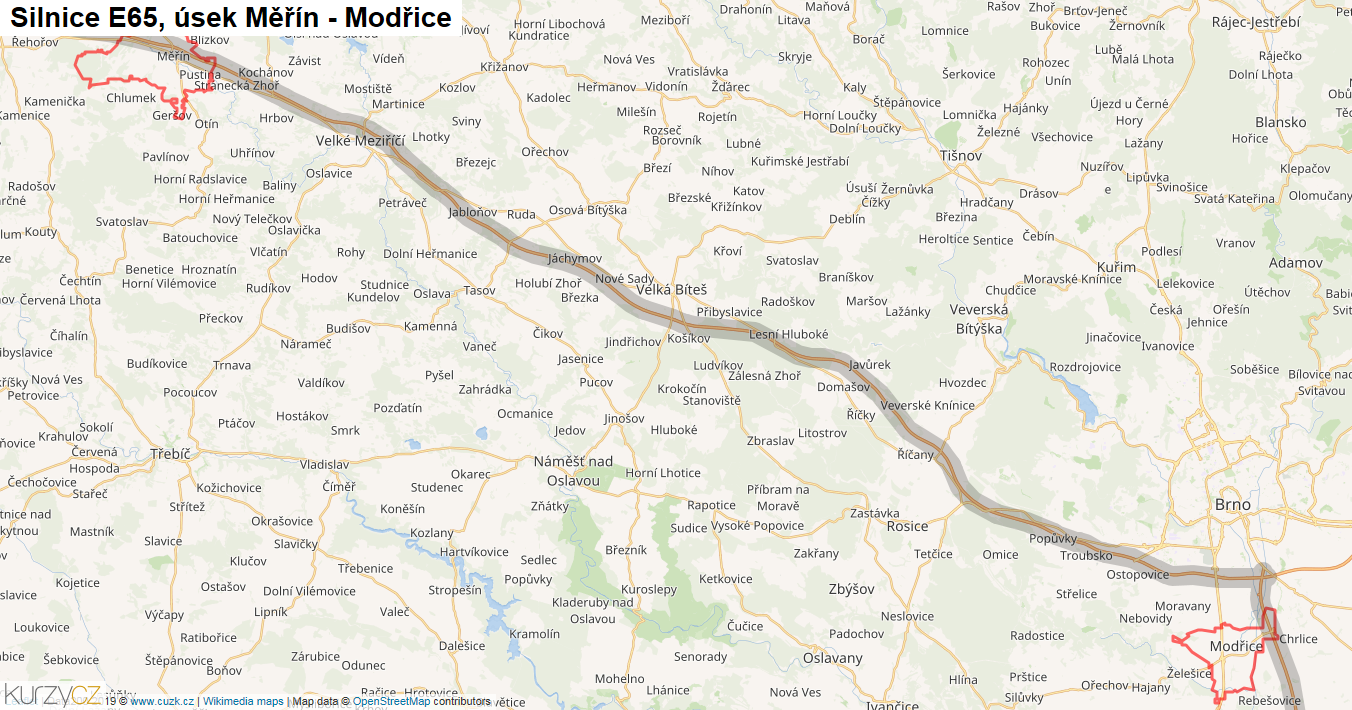 Úsek Měřín - Modřice, Silnice E65 - Mapa