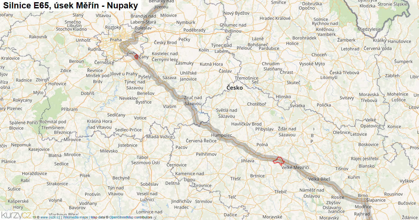 Úsek Měřín - Nupaky, Silnice E65 - Mapa