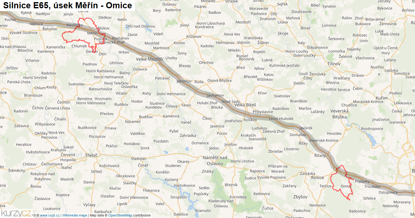 Úsek Měřín - Omice, Silnice E65 - Mapa
