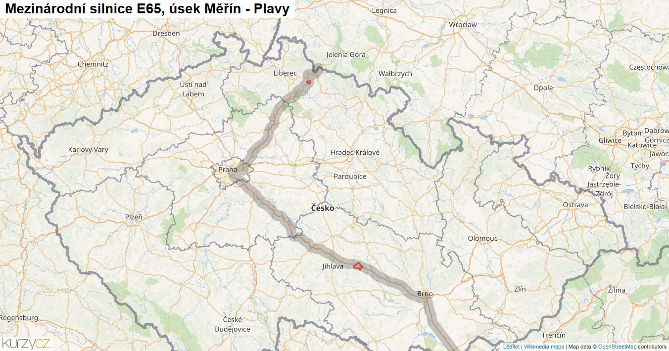 Úsek Měřín - Plavy, Silnice E65 - Mapa