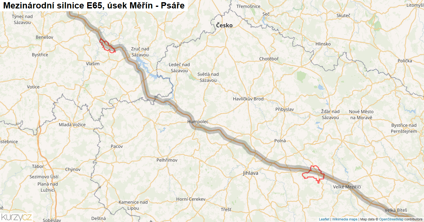 Úsek Měřín - Psáře, Silnice E65 - Mapa