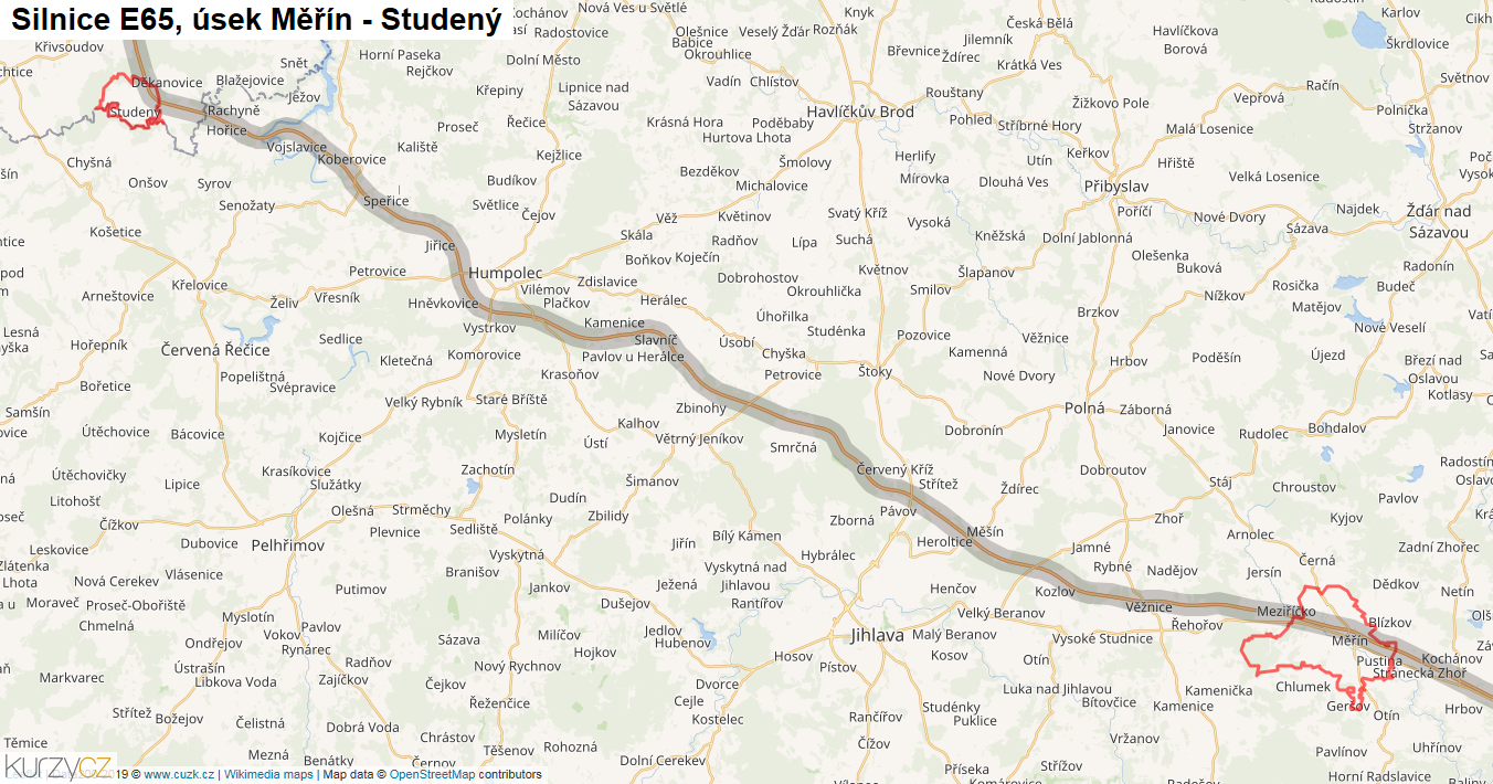 Úsek Měřín - Studený, Silnice E65 - Mapa