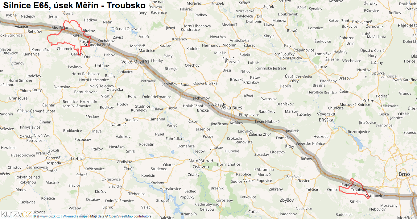 Úsek Měřín - Troubsko, Silnice E65 - Mapa