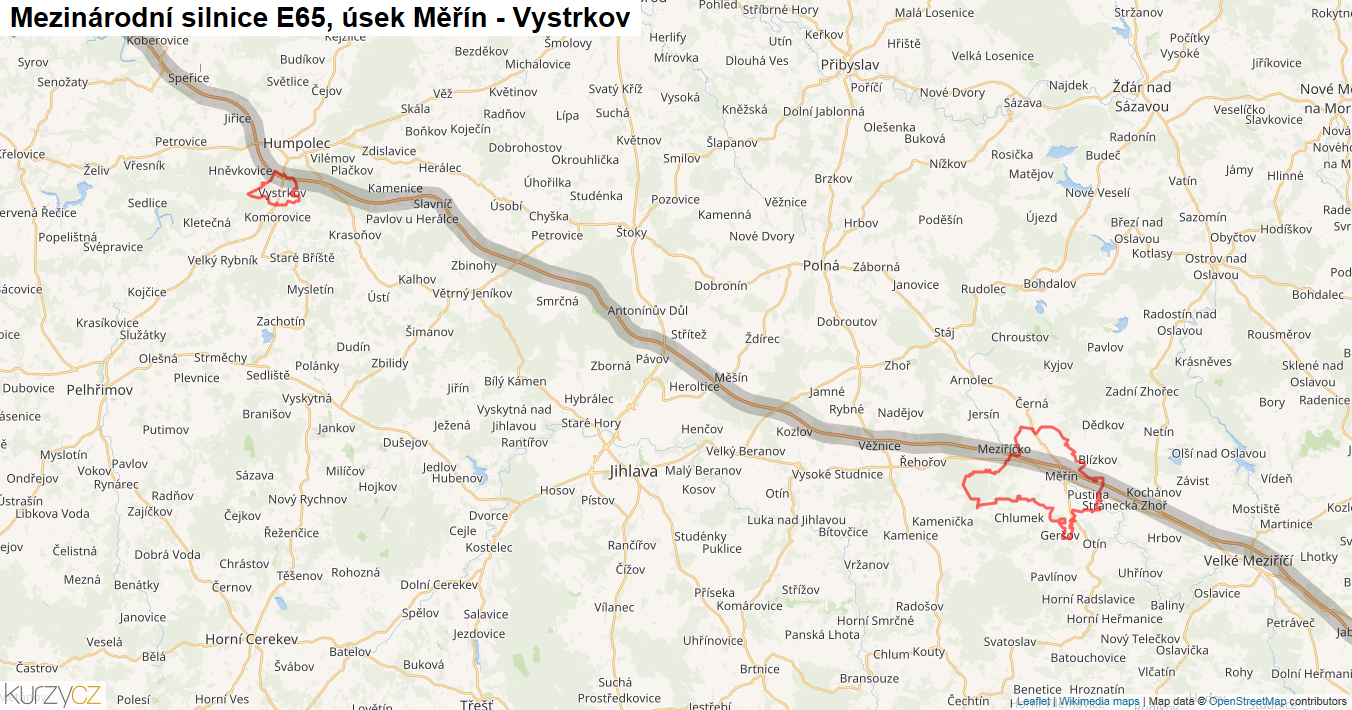 Úsek Měřín - Vystrkov, Silnice E65 - Mapa