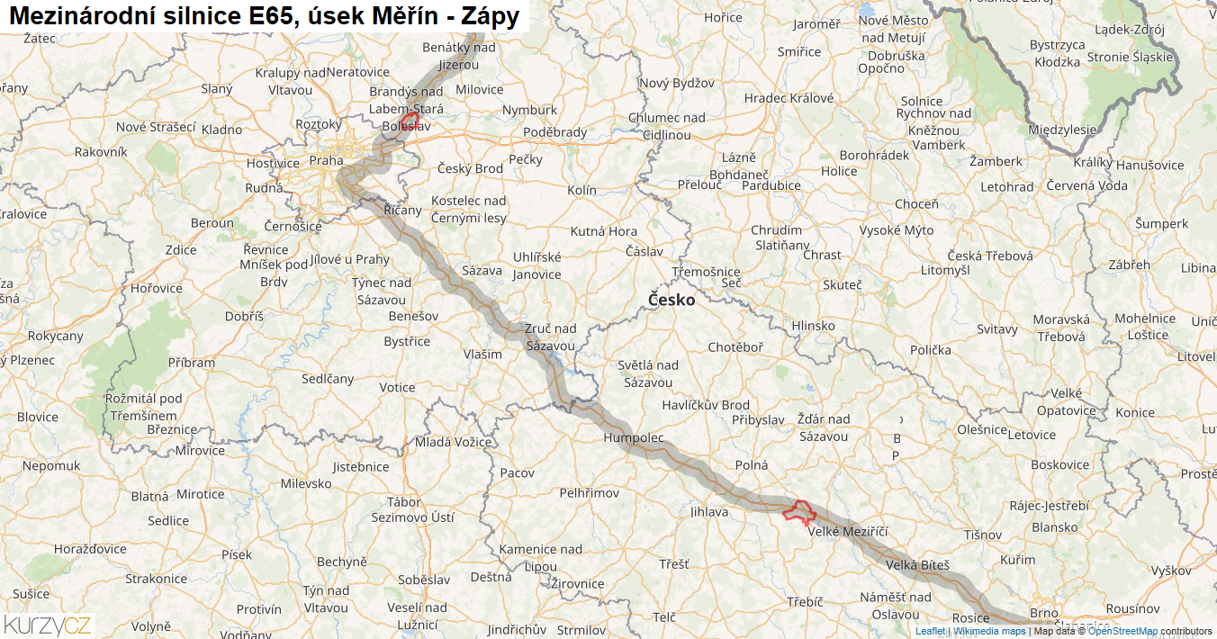 Úsek Měřín - Zápy, Silnice E65 - Mapa