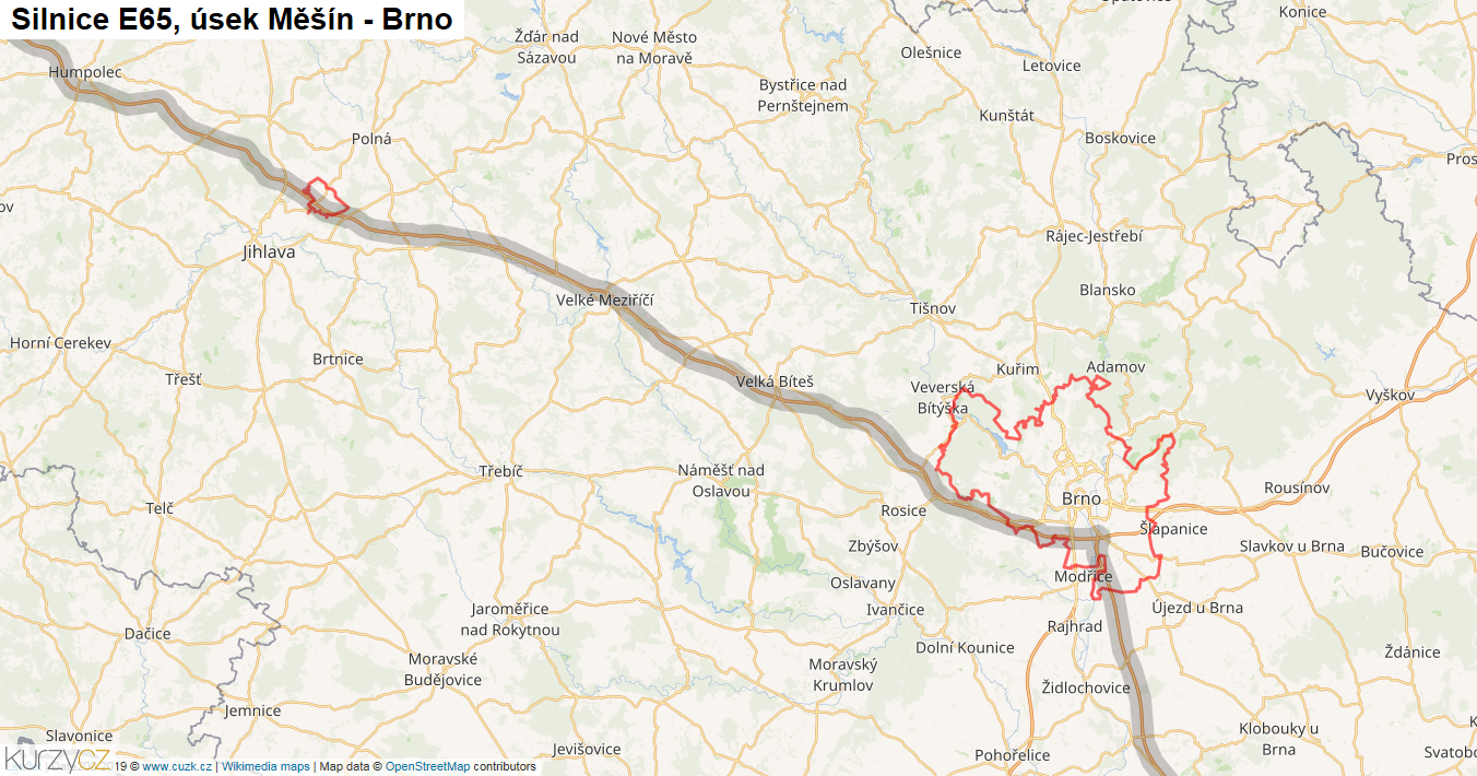 Úsek Měšín - Brno, Silnice E65 - Mapa