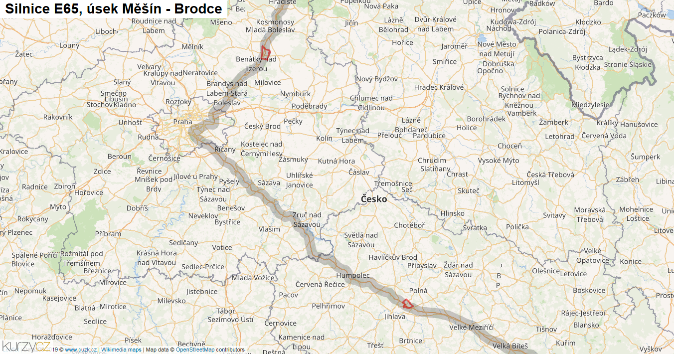 Úsek Měšín - Brodce, Silnice E65 - Mapa