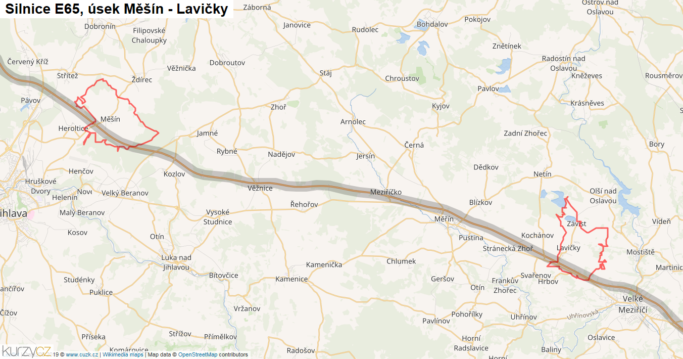 Úsek Měšín - Lavičky, Silnice E65 - Mapa