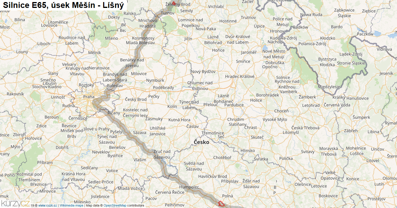 Úsek Měšín - Líšný, Silnice E65 - Mapa