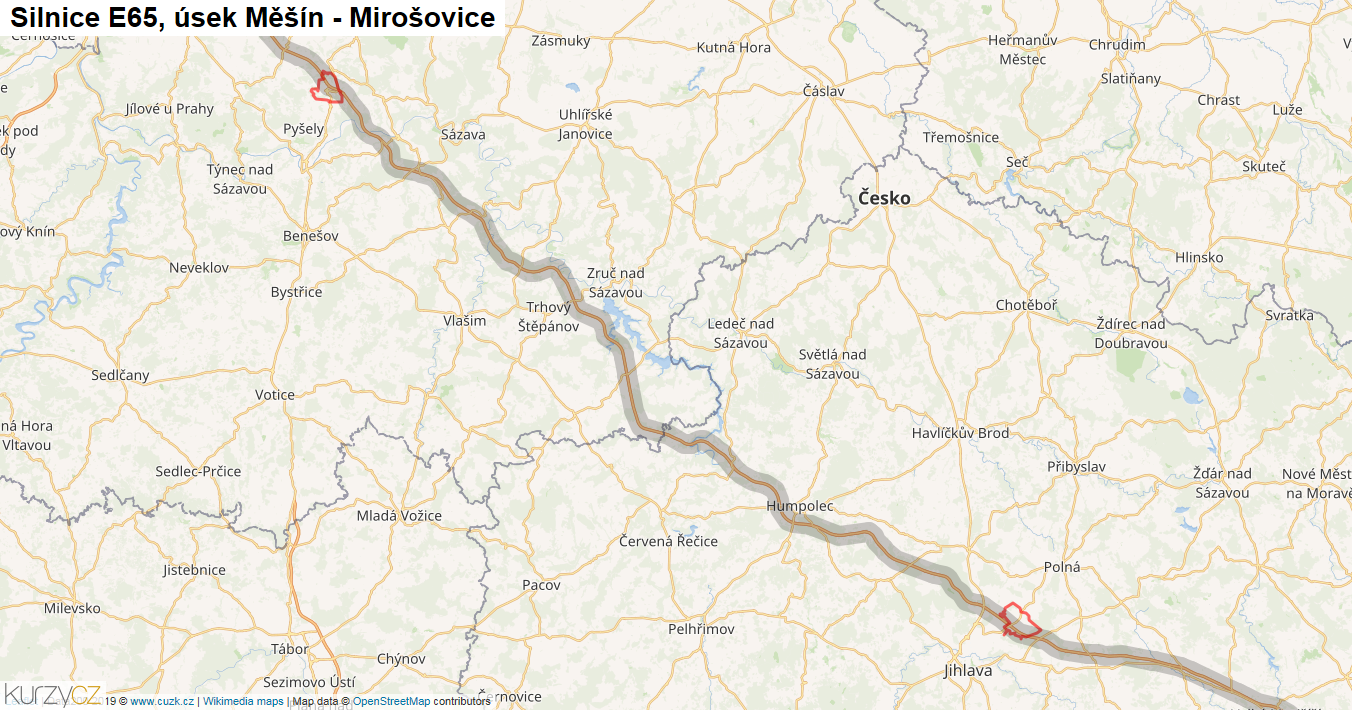 Úsek Měšín - Mirošovice, Silnice E65 - Mapa