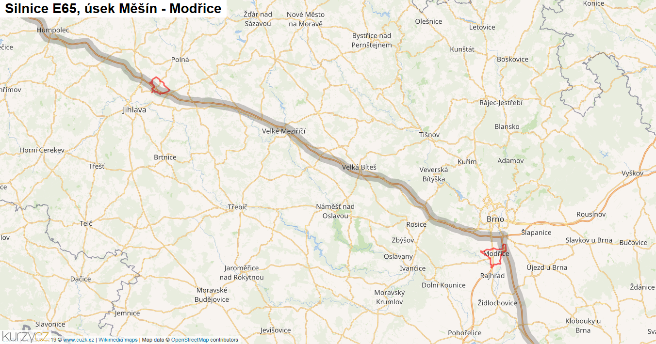 Úsek Měšín - Modřice, Silnice E65 - Mapa