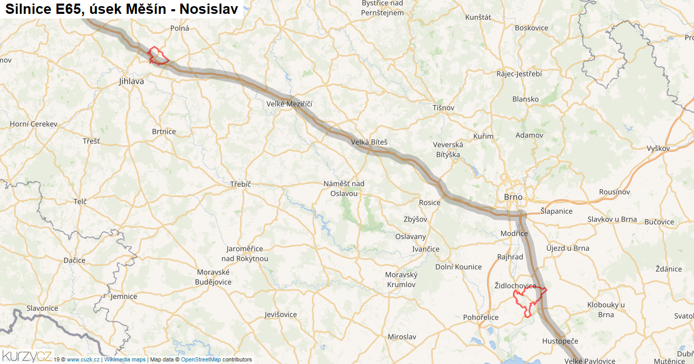 Úsek Měšín - Nosislav, Silnice E65 - Mapa