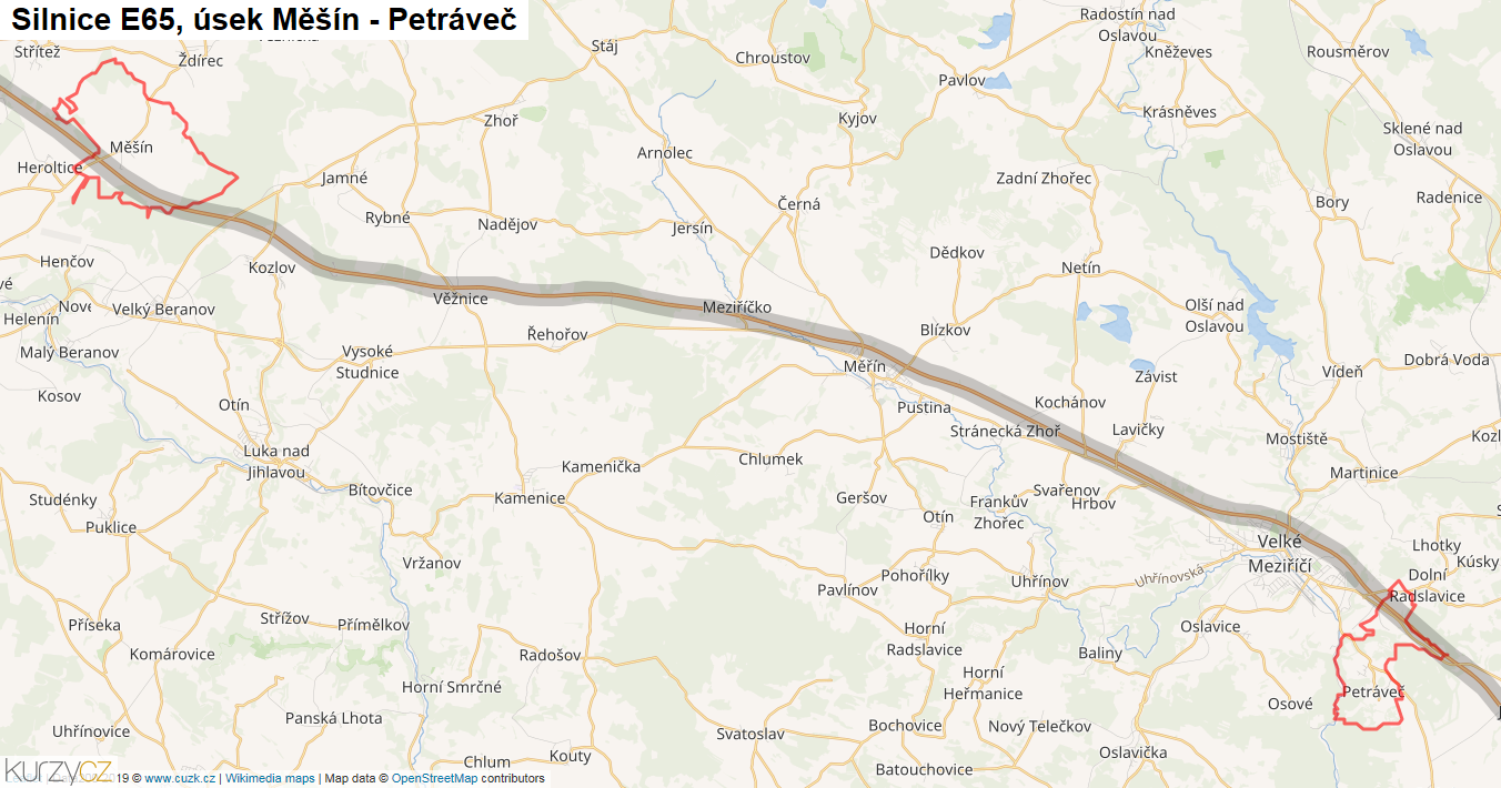 Úsek Měšín - Petráveč, Silnice E65 - Mapa