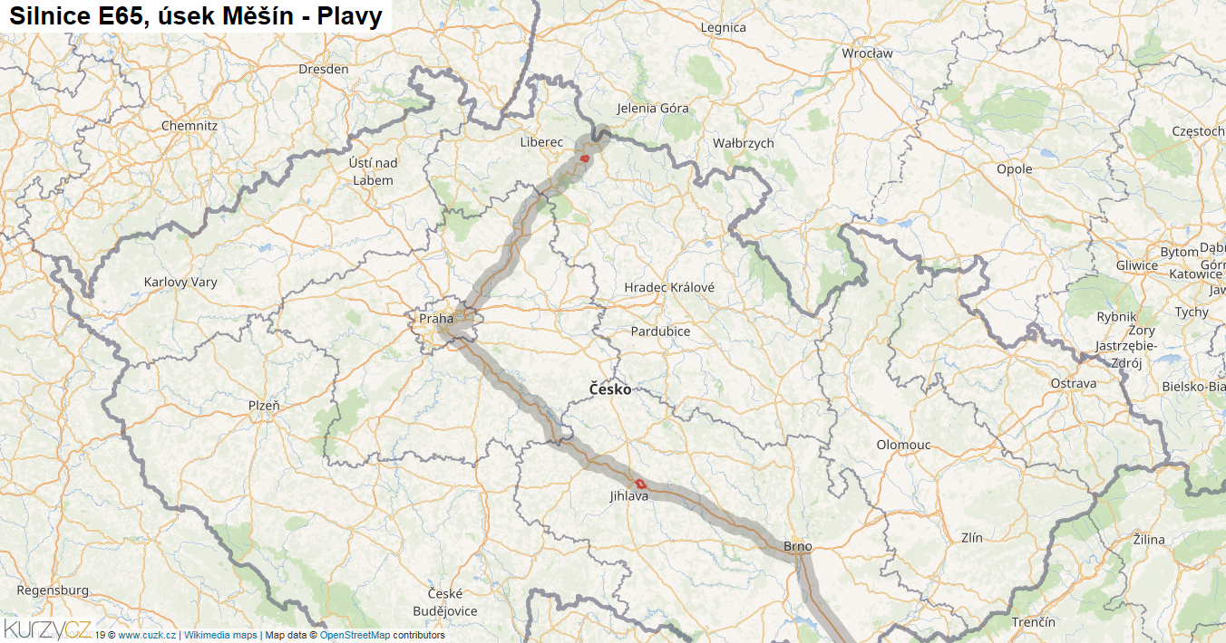 Úsek Měšín - Plavy, Silnice E65 - Mapa