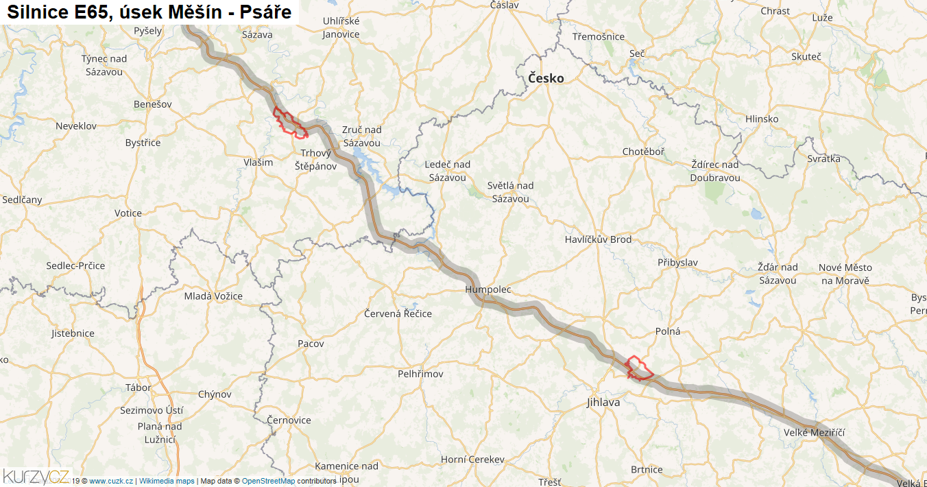 Úsek Měšín - Psáře, Silnice E65 - Mapa