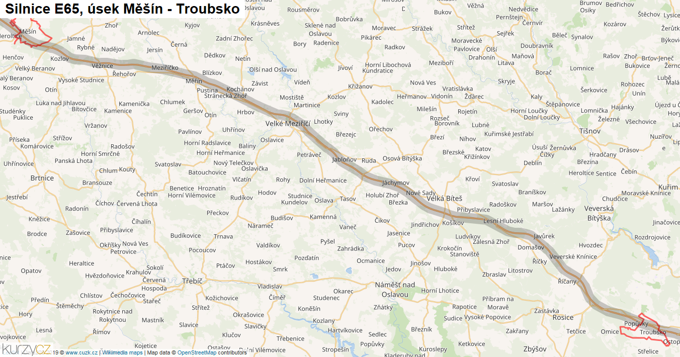 Úsek Měšín - Troubsko, Silnice E65 - Mapa
