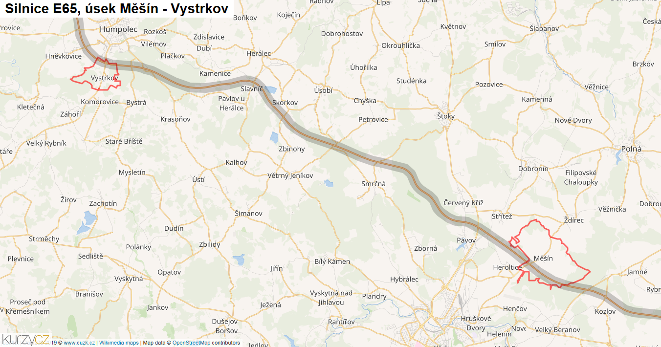 Úsek Měšín - Vystrkov, Silnice E65 - Mapa