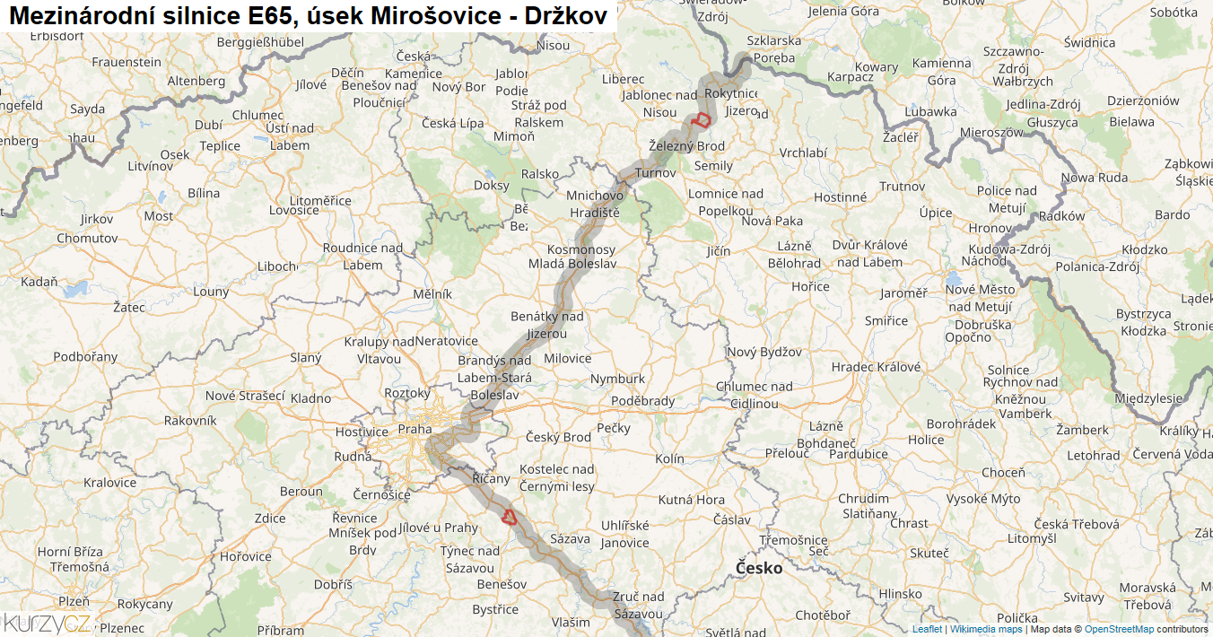 Úsek Mirošovice - Držkov, Silnice E65 - Mapa