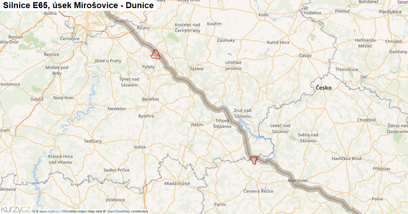 Úsek Mirošovice - Dunice, Silnice E65 - Mapa