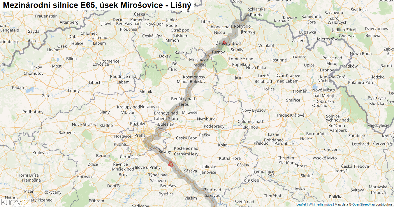 Úsek Mirošovice - Líšný, Silnice E65 - Mapa