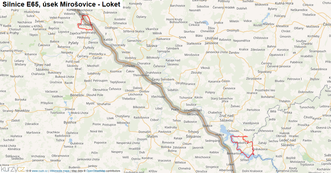 Úsek Mirošovice - Loket, Silnice E65 - Mapa