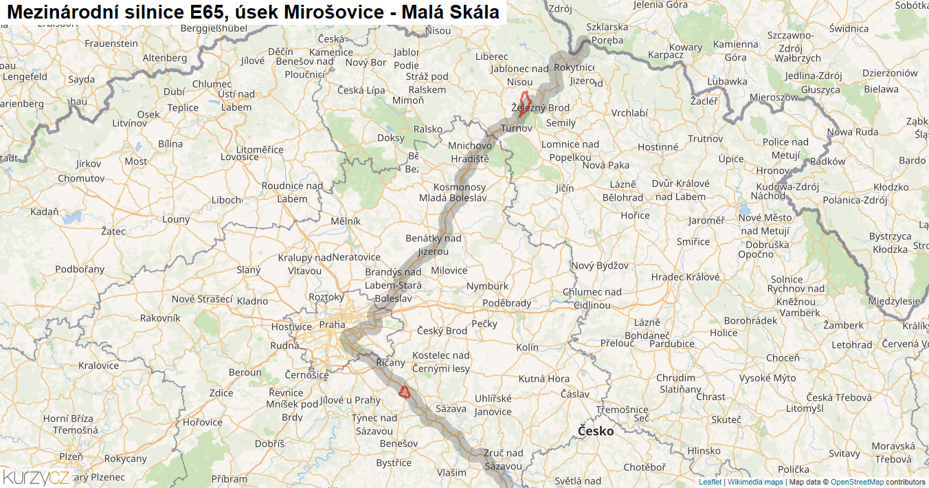 Úsek Mirošovice - Malá Skála, Silnice E65 - Mapa