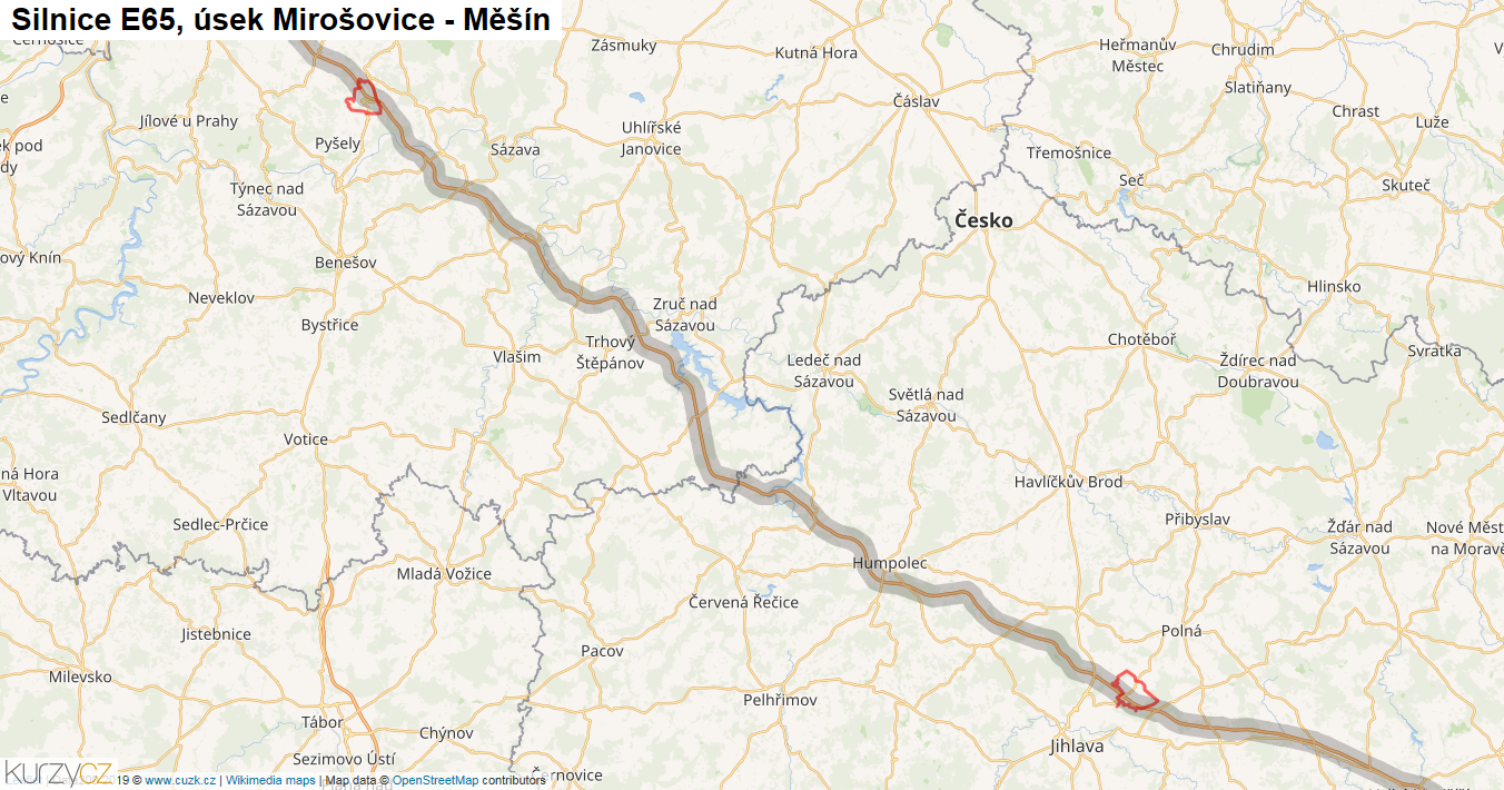 Úsek Mirošovice - Měšín, Silnice E65 - Mapa