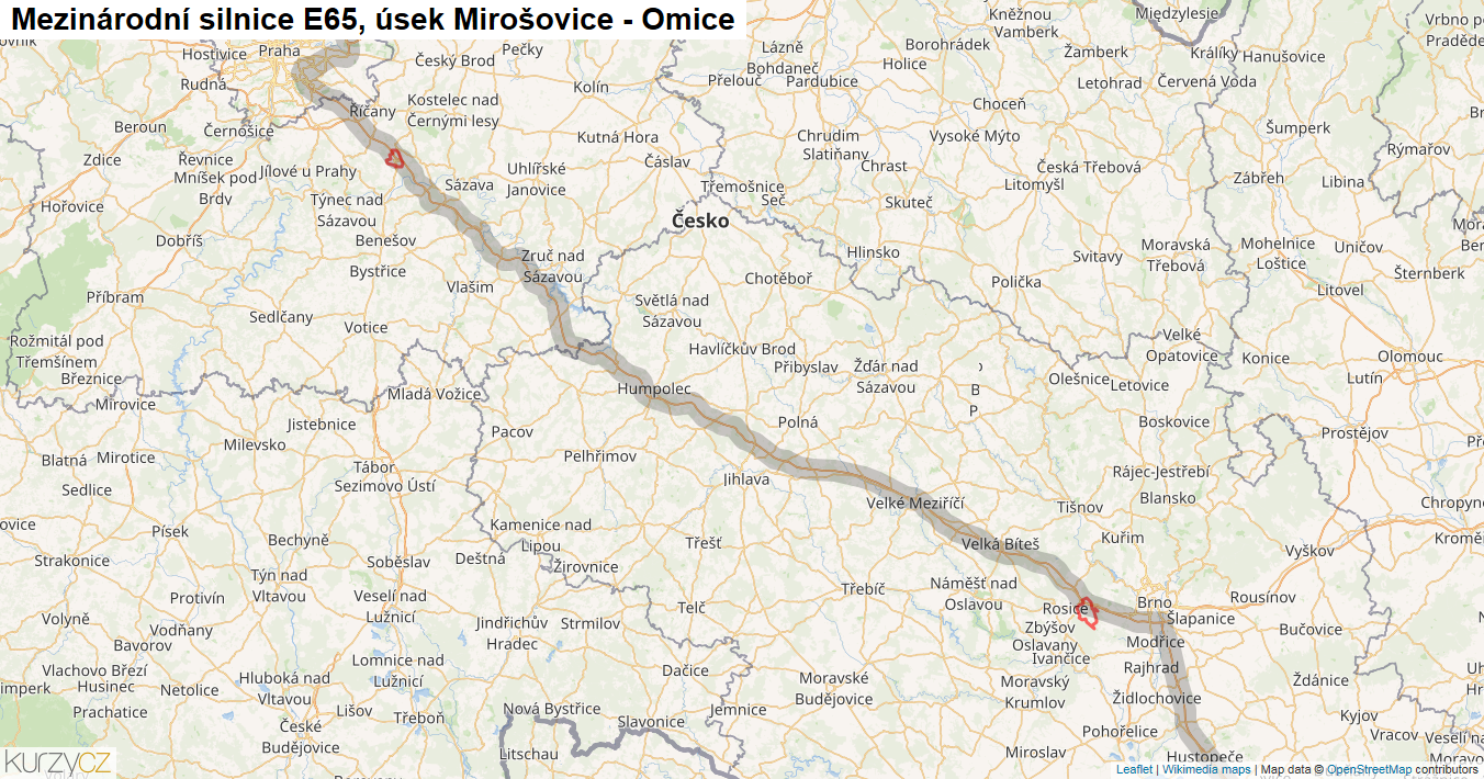 Úsek Mirošovice - Omice, Silnice E65 - Mapa