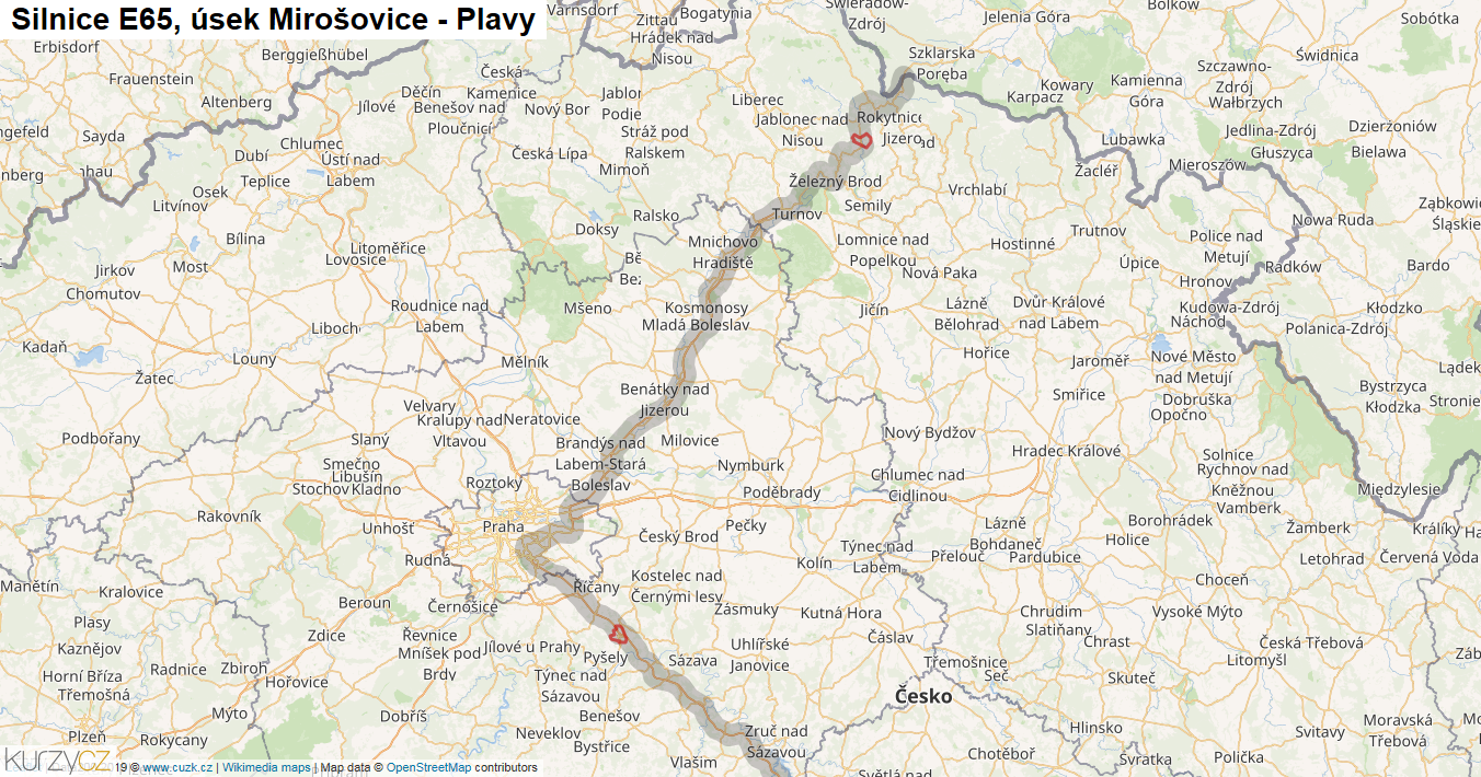 Úsek Mirošovice - Plavy, Silnice E65 - Mapa