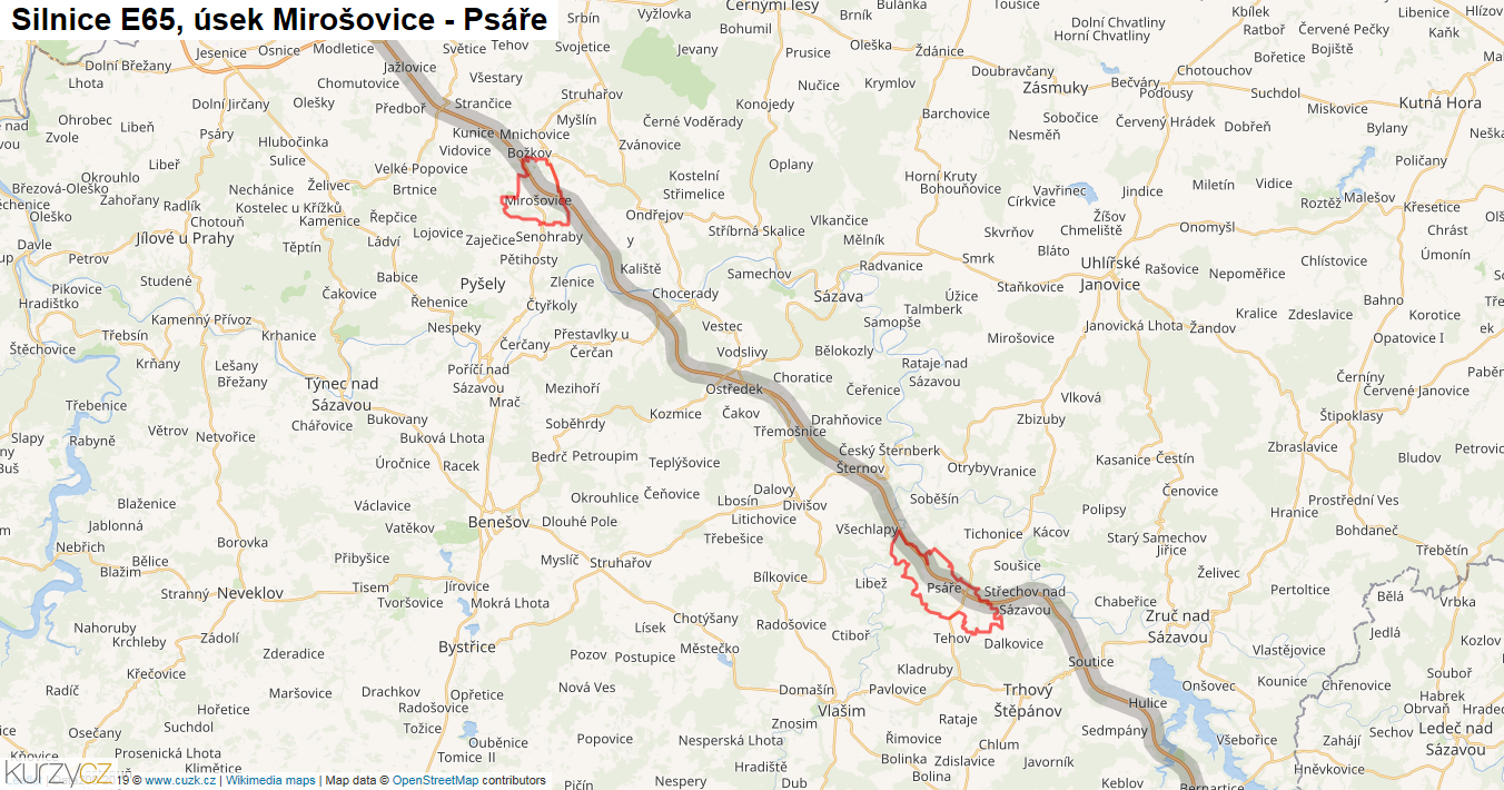 Úsek Mirošovice - Psáře, Silnice E65 - Mapa