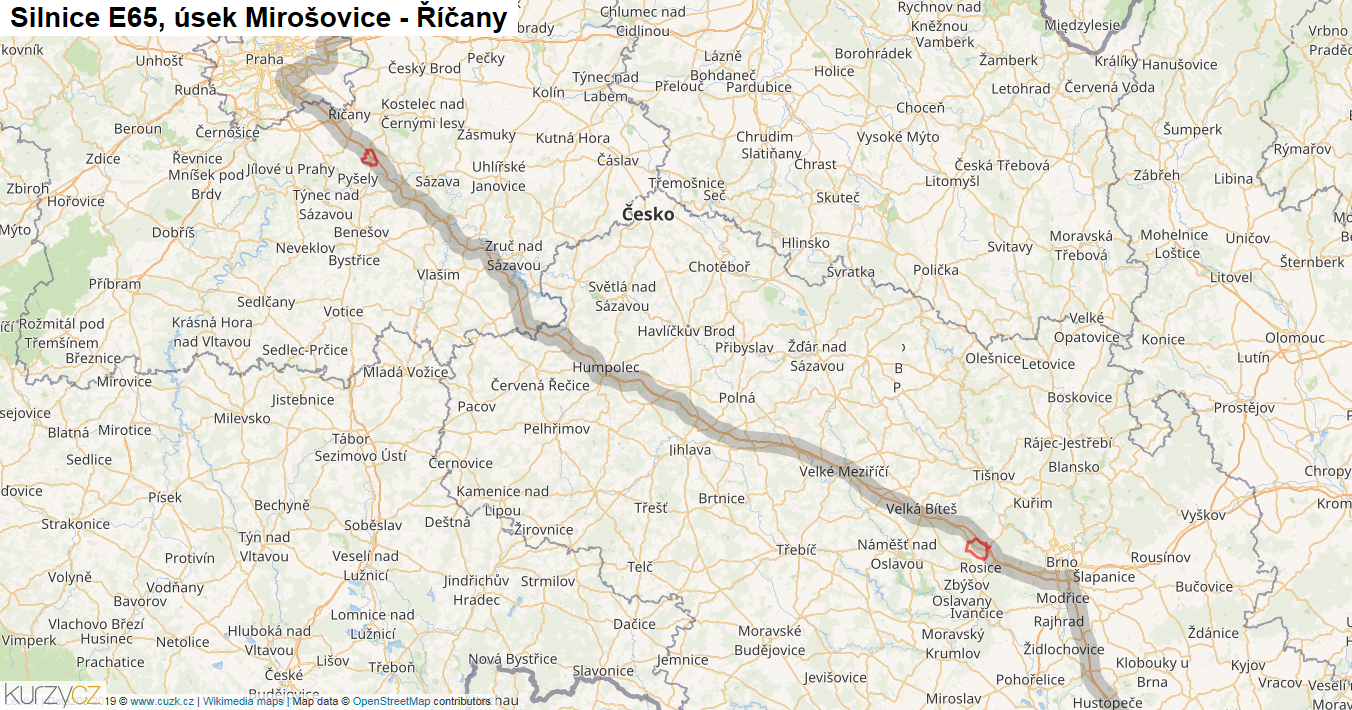 Úsek Mirošovice - Říčany, Silnice E65 - Mapa
