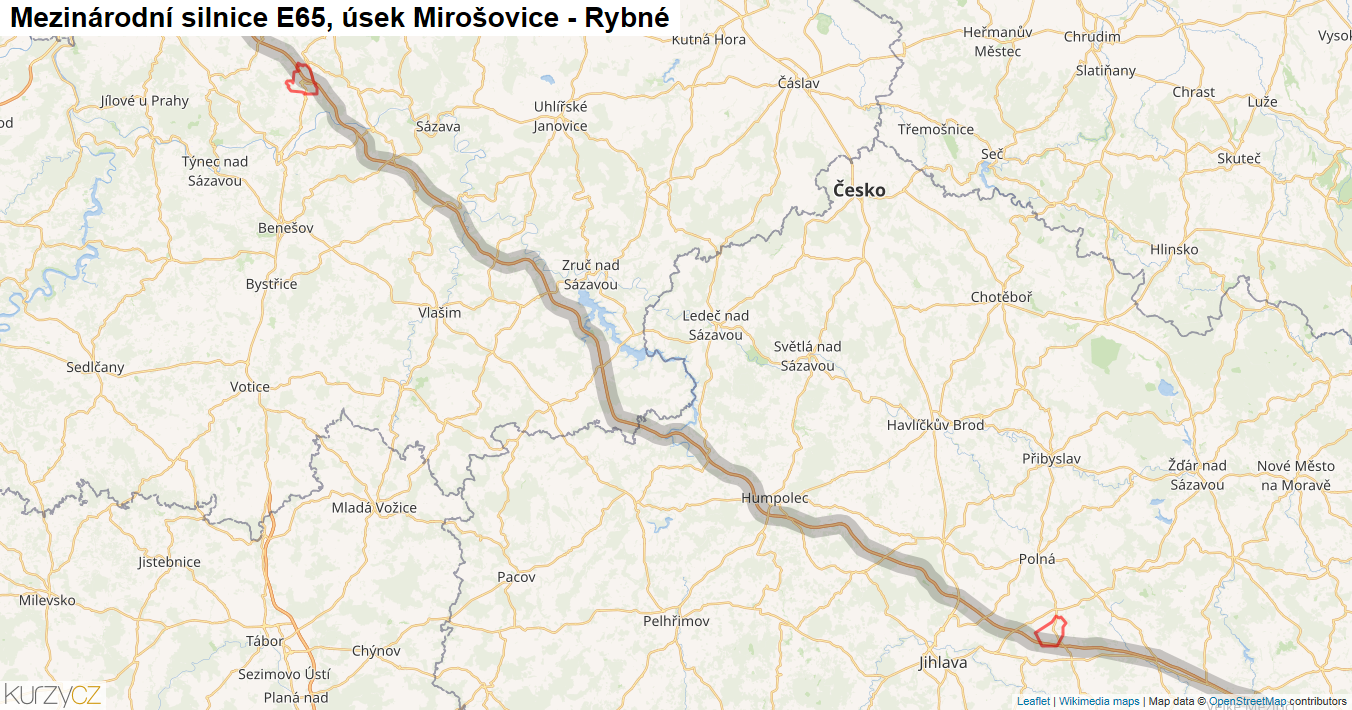 Úsek Mirošovice - Rybné, Silnice E65 - Mapa