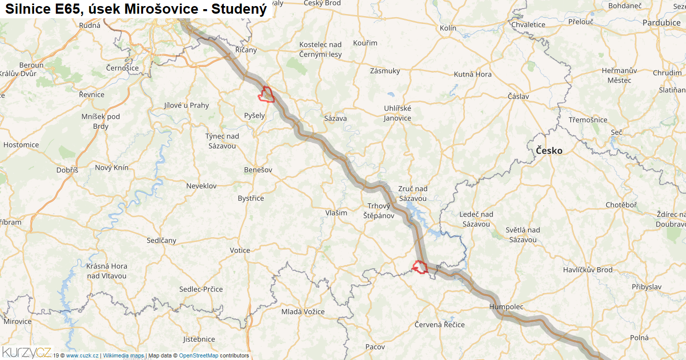 Úsek Mirošovice - Studený, Silnice E65 - Mapa