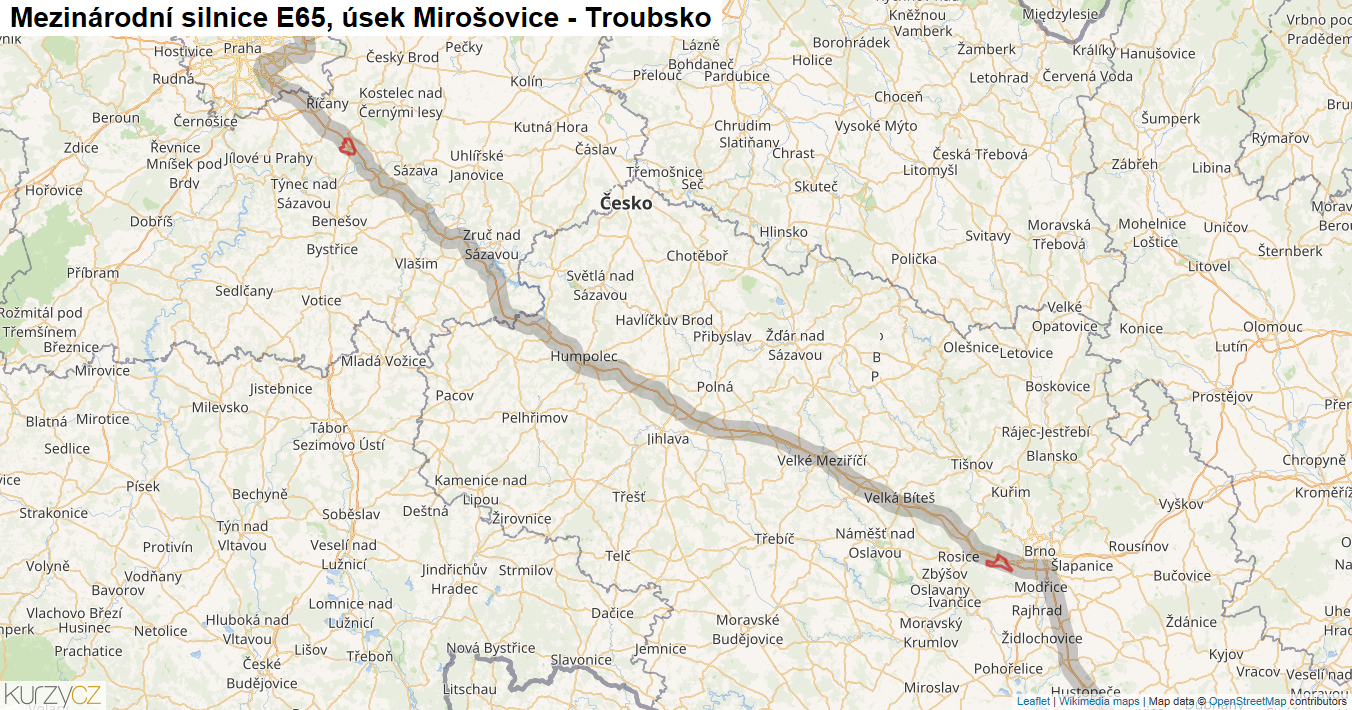 Úsek Mirošovice - Troubsko, Silnice E65 - Mapa