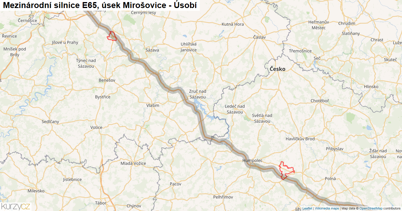 Úsek Mirošovice - Úsobí, Silnice E65 - Mapa