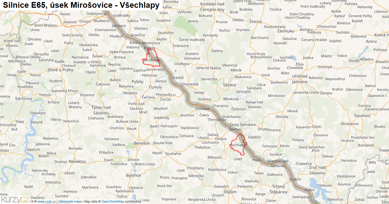 Úsek Mirošovice - Všechlapy, Silnice E65 - Mapa