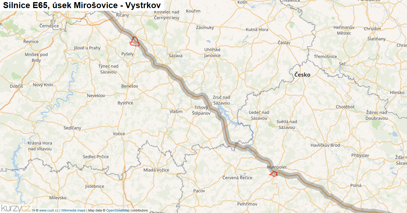 Úsek Mirošovice - Vystrkov, Silnice E65 - Mapa