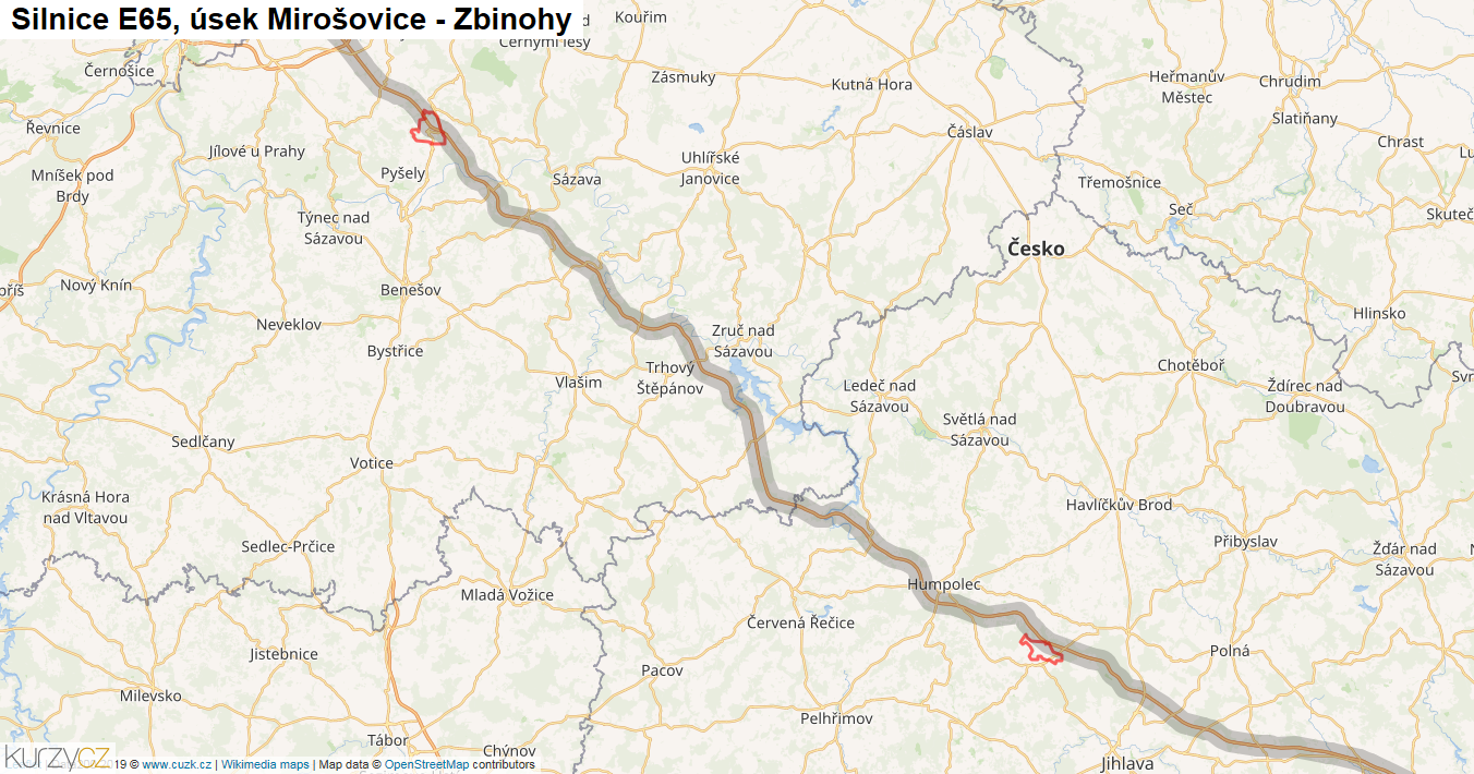 Úsek Mirošovice - Zbinohy, Silnice E65 - Mapa