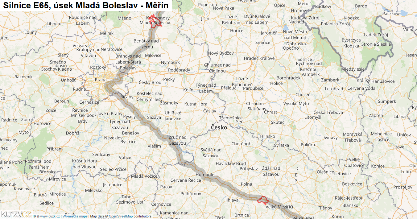 Úsek Mladá Boleslav - Měřín, Silnice E65 - Mapa
