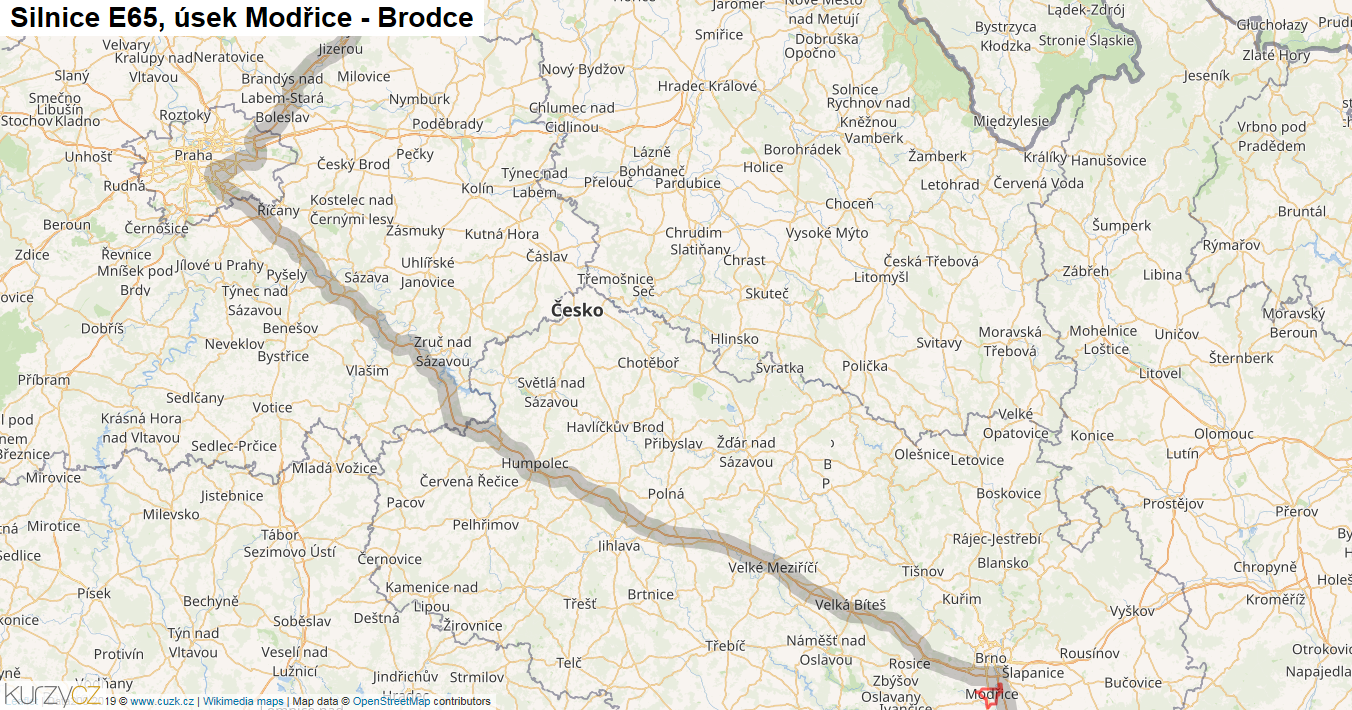 Úsek Modřice - Brodce, Silnice E65 - Mapa