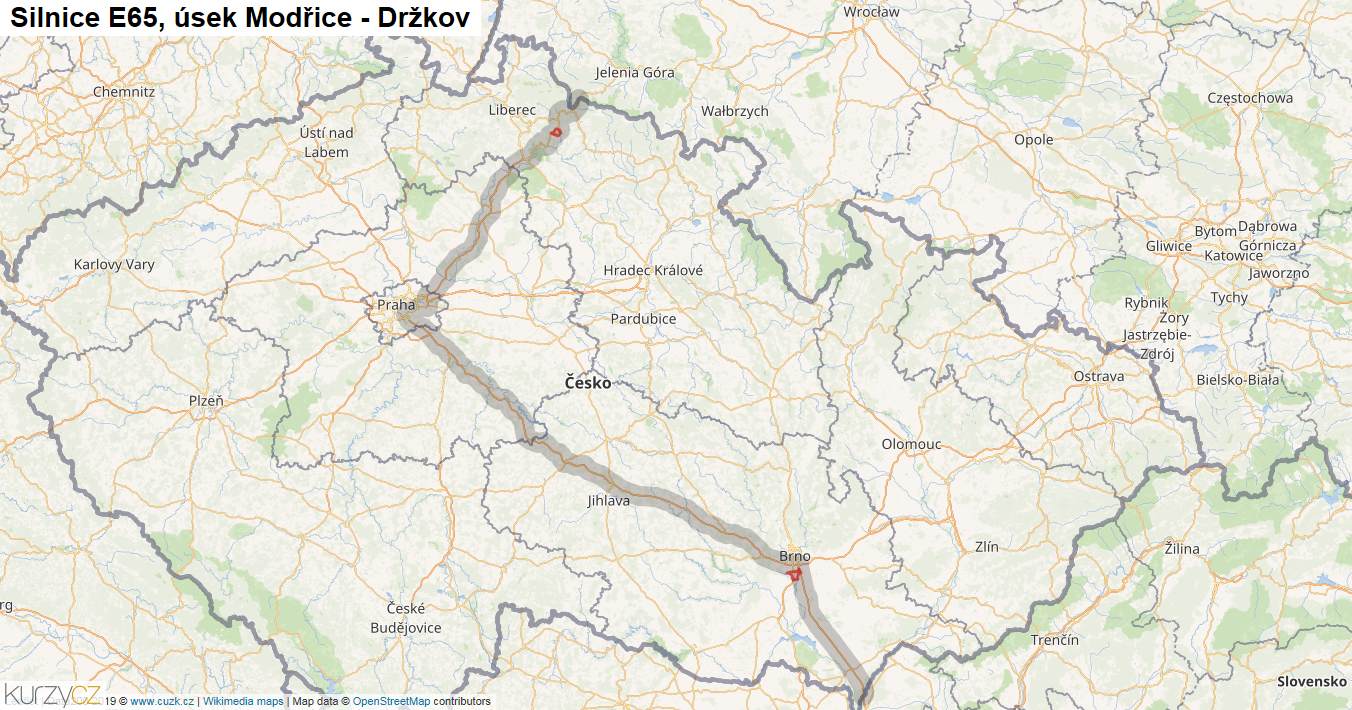 Úsek Modřice - Držkov, Silnice E65 - Mapa