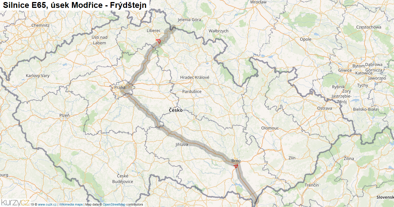 Úsek Modřice - Frýdštejn, Silnice E65 - Mapa